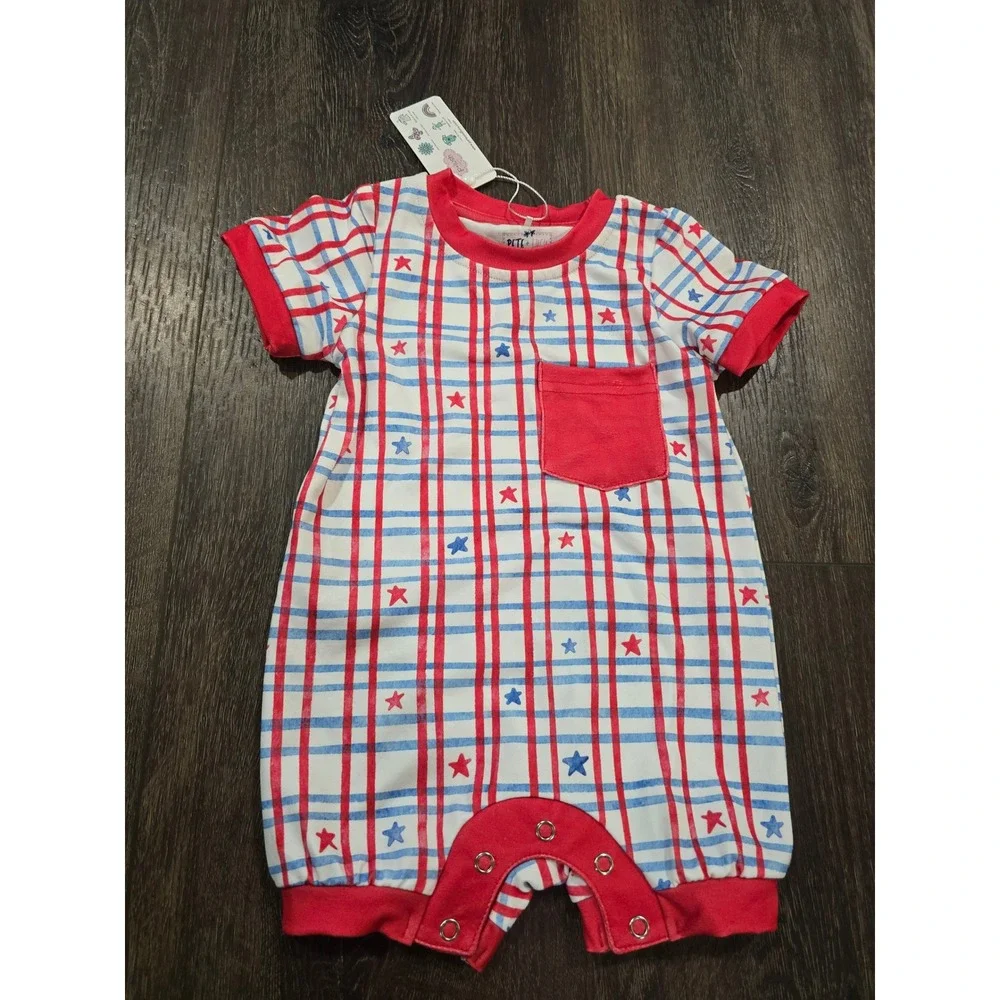 Pete + Lucy Baby Romper 6-9M Patriotic Red Blue Grid Star P+Lush Short Sleeve